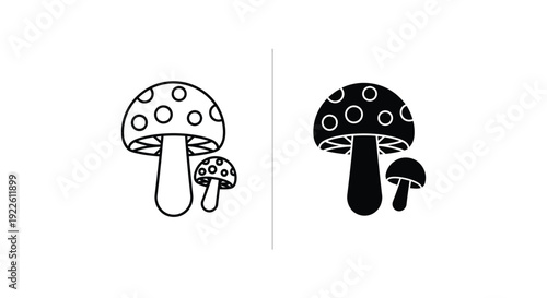 Minimalist mushroom icon set featuring outline and solid black silhouette versions of spotted toadstools for nature-themed graphic design and autumn branding.