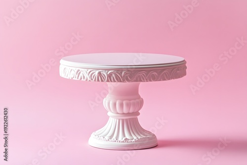 Pink cake stand, decorative pedestal, pastel dessert display, white ornate base