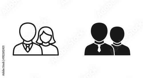 Minimalist business team icons featuring a man in a tie and a woman, presented in both outline and solid silhouette styles for corporate user profile and human resources interface design.