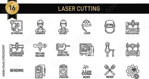 Industrial laser cutting and manufacturing icon set featuring 3D printing engineer helmet press machine drilling machine electric generator welding equipment and mechanical engineering symbols for pro