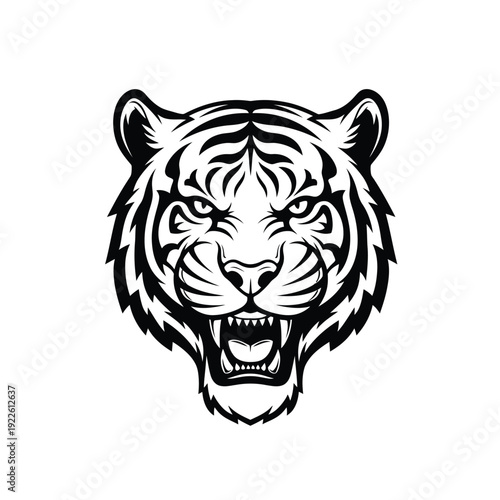 Vector illustration icon black and white illustration of a tigers head with an open mouth