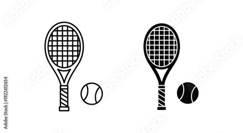 Minimalist tennis racket and ball icon set featuring both outline and solid silhouette styles for sports equipment branding, tournament graphics, and athletic mobile app interfaces.