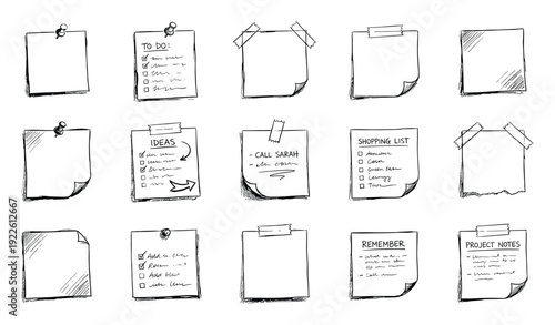 Hand drawn doodle note papers with text and checklist sketches set