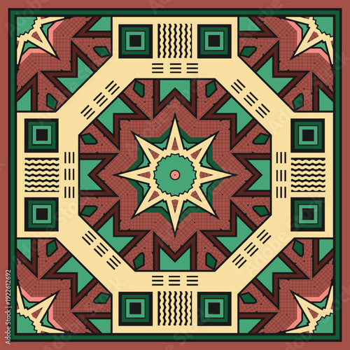 Multicolored mandala with a predominance of green and brown. Design for a bandana, round tablecloth or decorative panel. Vector illustration