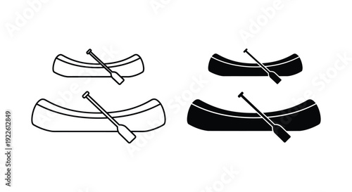 Minimalist canoe and oar vector icons set featuring outline and silhouette versions for camping, rowing, and summer lake vacation graphics