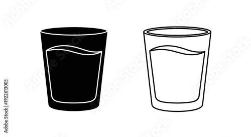 Two glasses of water, one clear and one dark, side by side, simple line drawing, black and white Vector