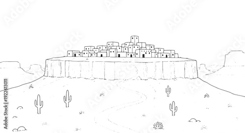 Adobe village on desert mesa plateau line art