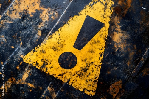 Warning sign, yellow caution triangle, exclamation mark, distressed metal background