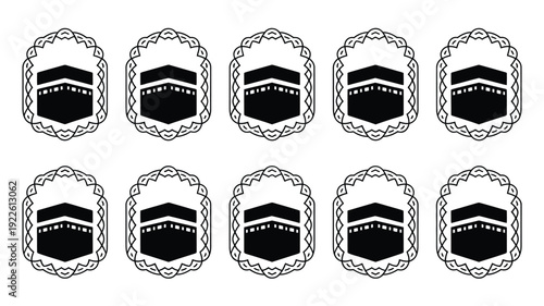 Ornate hajj umrah kaaba symbols in black and white silhouette style for islamic design elements