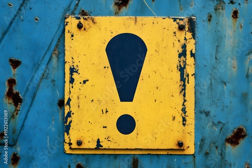 Warning sign, yellow caution board, exclamation mark symbol, rusty blue metal background