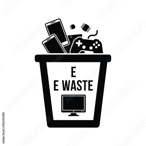 Vector illustration icon electronic waste in a trash bin with electronic devices and accessories