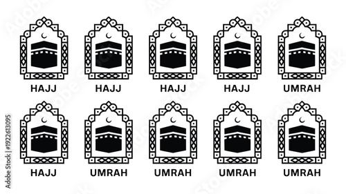 Ornate hajj and umrah silhouette icons set for islamic pilgrimage symbols