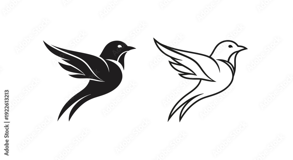 Fototapeta premium Two birds flying together: minimalist black and white bird illustration Vector