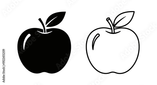 Black and white apple illustration, simple fruit design, minimalist apple drawing, Vector