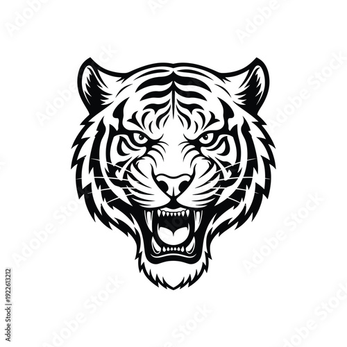 Vector illustration icon black and white illustration of a tigers head with sharp teeth