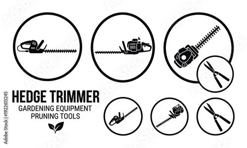Hedge trimmer gardening equipment pruning tools vector set illustration