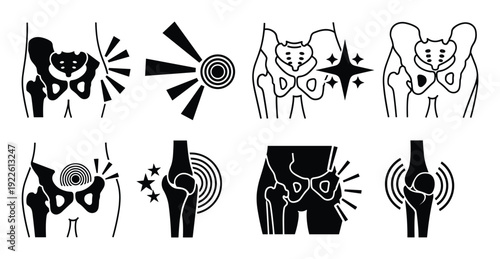 Hip and Knee Pain Anatomy Illustration Set. Medical diagram of joint pain and problems