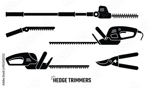Hedge trimmers vector illustration, garden tools, electric, manual