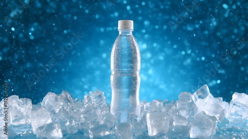 Purity in Refreshment: A sleek, transparent bottle of fresh water is presented amidst a bed of glistening ice, with a backdrop of a cool, ethereal blue, evokes a sense of purity and rejuvenation. 