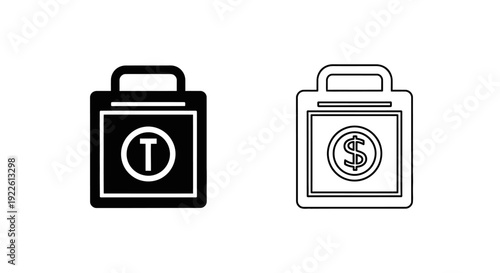 Black and white icons of two suitcases with symbols of euro and dollar. Vector