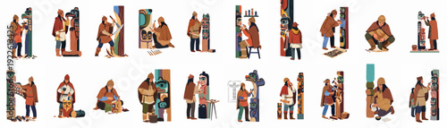 Indigenous artists crafting and painting traditional totem poles and wooden carvings, preserving cultural heritage through skilled artistry.