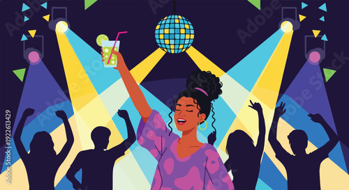 Happy woman dancing at night club holding cocktail drink. People silhouettes partying on dance floor with disco ball and lights. Joyful girl enjoying music festival celebration party.