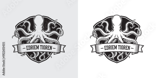 Vintage Octopus Shield Logo with Banner Design
