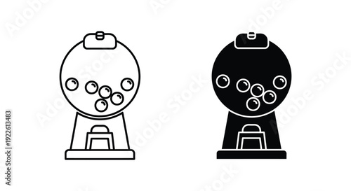 Minimalist gumball machine icons in outline and solid silhouette styles for candy shop branding and vending machine interface design