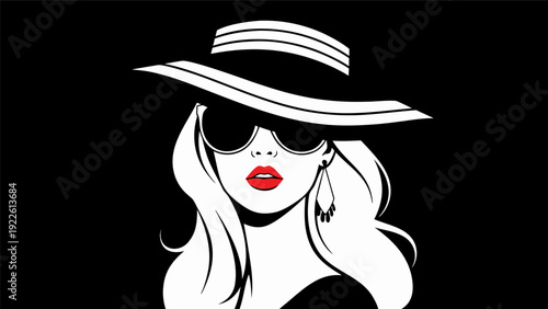 Stylish Cartoon Woman in Hat, Sunglasses Illustration with Vector Design on Black Background