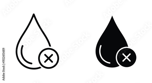 Minimalist black and white water drop icons with a cross mark symbol indicating water shortage, drought prevention, or waterproof material properties for environmental and industrial design.