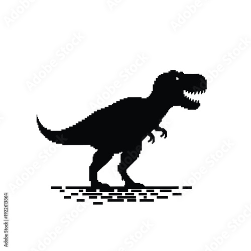Vector illustration icon black silhouette of a tyrannosaurus rex dinosaur standing on a with a pixelated shadow