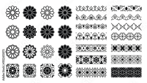 Islamic geometric patterns vector set, abstract floral motifs and ornamental borders, for design elements