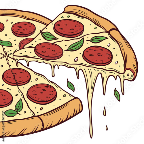 Pepperoni Pizza Slice Illustration - Melty Cheese and Basil