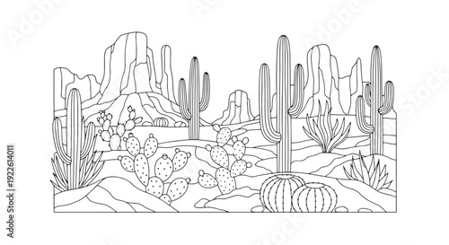 Desert cactus landscape with saguaro line art