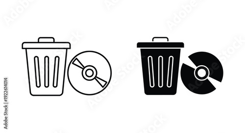 Minimalist vector icons of a trash can and compact disc in outline and solid styles, representing digital data deletion, software uninstallation, and electronic waste management.