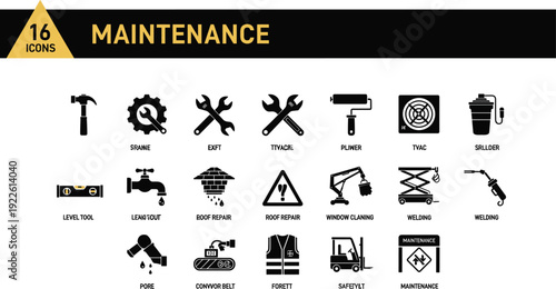 Maintenance and industrial service icon set featuring hammer, wrench, paint roller, HVAC fan, plumbing faucet, welding equipment, forklift, and construction safety tools for professional repair.