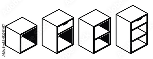 Isometric cabinet storage unit illustrations of various designs
