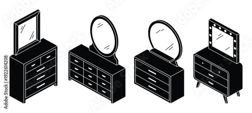 Isometric dressers with mirrors illustration in black and white design