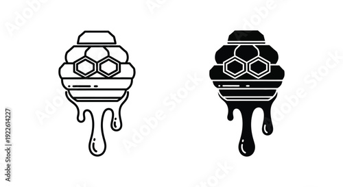 Minimalist honey dipper and honeycomb icons with dripping nectar, perfect for organic food branding, healthy lifestyle packaging, and natural product design.