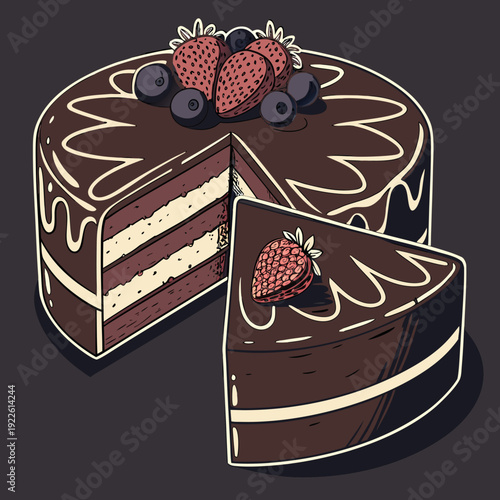 Decadent Chocolate Cake with Fresh Berries and Slice
