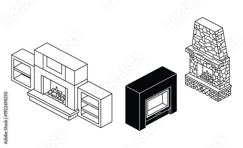 Isometric fireplace vector illustration with stone fireplace and modern fireplace designs