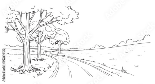 Country road with trees and rolling hills line art