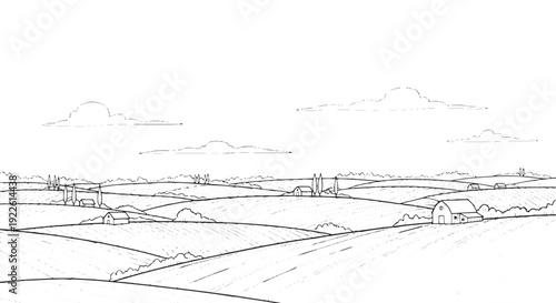 Rural farmland landscape with barns line art