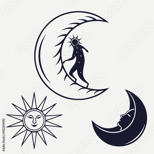 Celestial Icons: Sun, Moon with Face, and Man in Crescent Moon