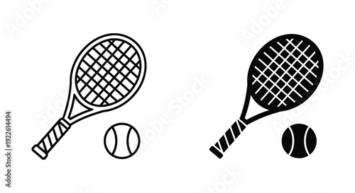 Minimalist tennis racket and ball vector icons set featuring outline and solid silhouette styles for sports equipment branding, tournament graphics, and athletic club logo design