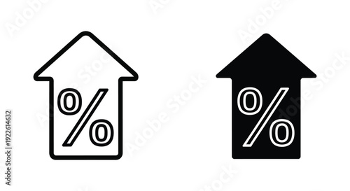 Set of minimalist black and white icons featuring an upward arrow with a percentage symbol, symbolizing rising interest rates, inflation, and financial growth for banking and economic analysis.