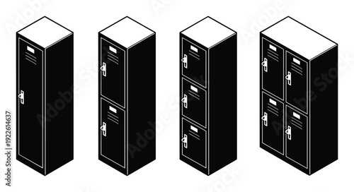 Isometric lockers illustration with single, double, triple and quadruple lockers.