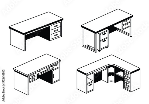 Isometric office desks vector set illustration, four different furniture designs, isolated on white.