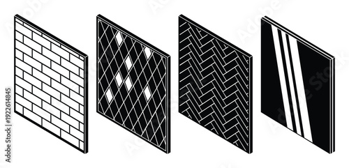 Isometric panels with brick, rhombus, herringbone, striped patterns