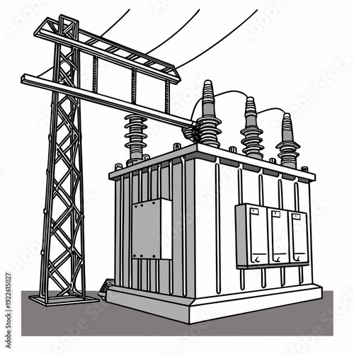 Electric Power Transformer with Insulators and High Voltage Tower